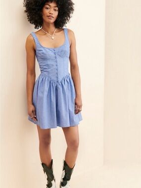 Chambray Button-Front Mini Dress in Light Blue